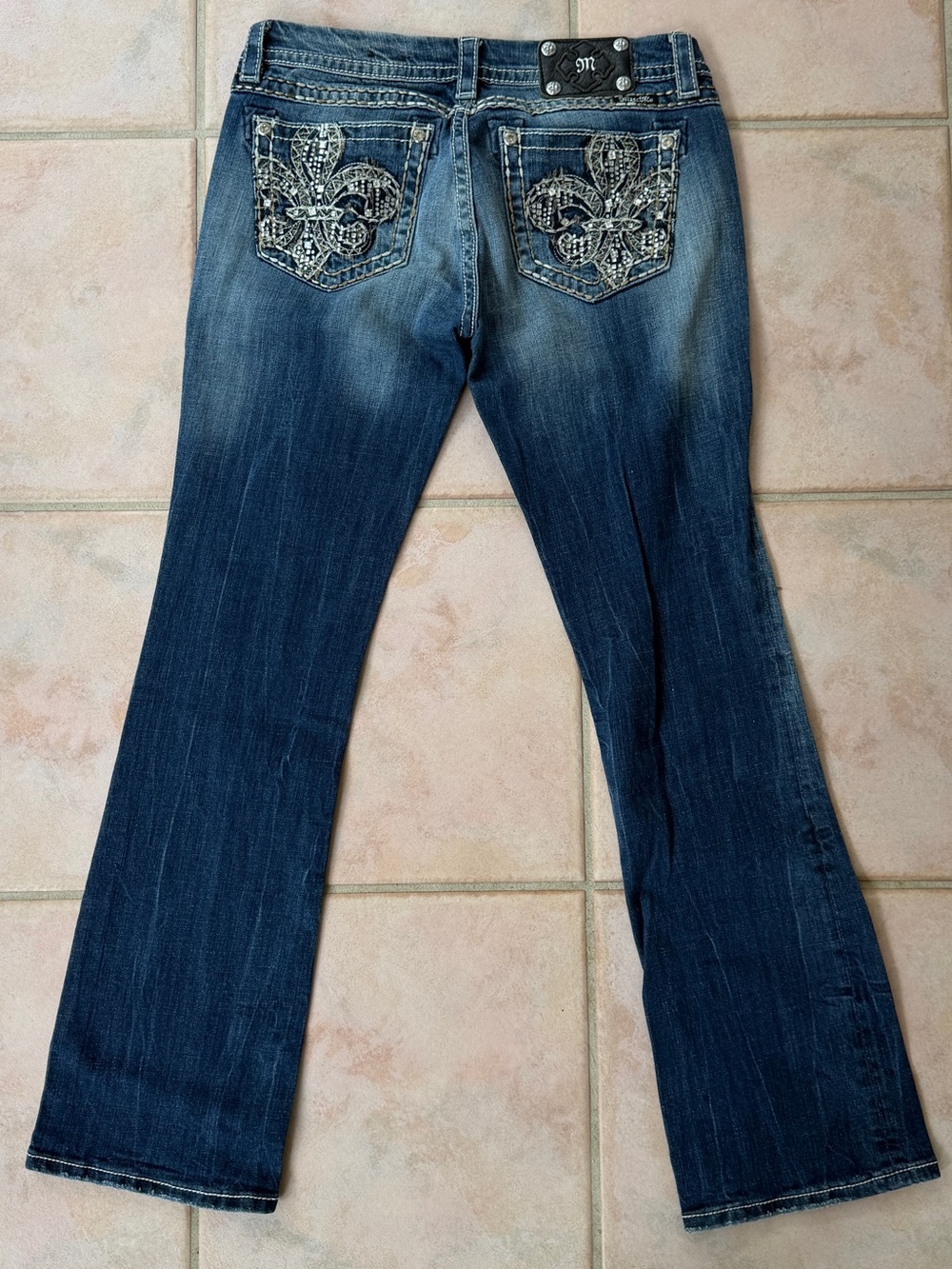 Miss Me Dark Blue Bootcut Jeans with Embellished Fleur Pockets